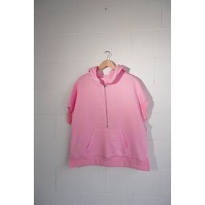 Shein Half Zip Hoodie Women Large Pink Short Sleeve Kangaroo Pocket